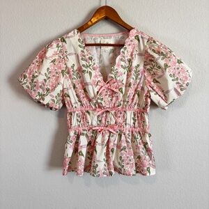 Umgee Women's Pink Green Scalloped Floral Print Bow Tie Front Peplum Top M